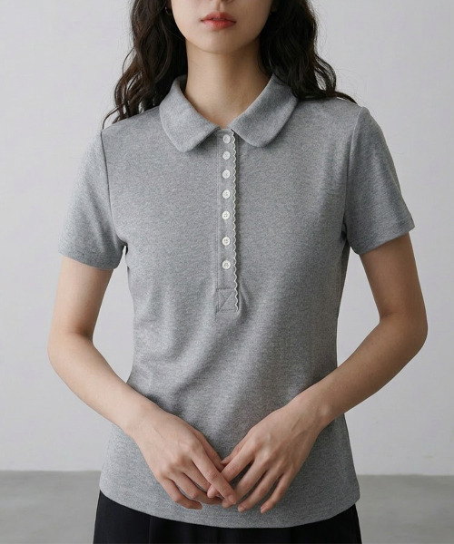 VIVID LADY(ビビッドレディー)の「スカラップヘンリーネック カラーTシャツ 半袖トップス(Tシャツ/カットソー・レディース・ホワイト/グレー/ネイビー・FREE)」の11枚目の写真