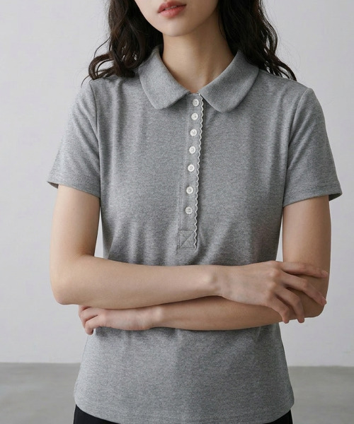 VIVID LADY(ビビッドレディー)の「スカラップヘンリーネック カラーTシャツ 半袖トップス(Tシャツ/カットソー・レディース・ホワイト/グレー/ネイビー・FREE)」の12枚目の写真