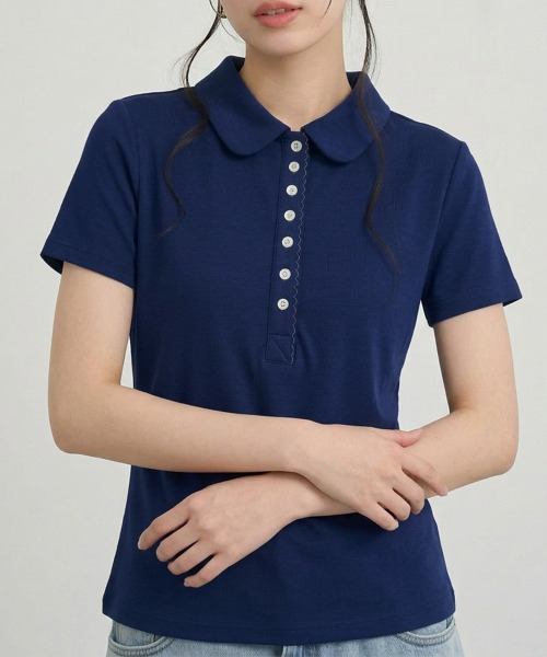 VIVID LADY(ビビッドレディー)の「スカラップヘンリーネック カラーTシャツ 半袖トップス(Tシャツ/カットソー・レディース・ホワイト/グレー/ネイビー・FREE)」の18枚目の写真