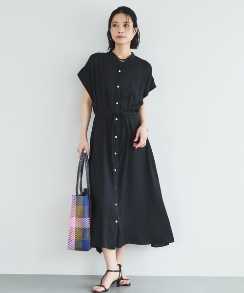 Doux archives（ドゥアルシーヴ）の「ウォッシャブルリネンライクバンドカラーシャツワンピーズ（ワンピース・レディース・ベージュ/ブラック/ブラウン・FREE）」の2枚目の写真