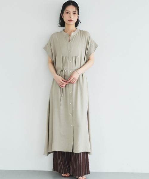 Doux archives（ドゥアルシーヴ）の「ウォッシャブルリネンライクバンドカラーシャツワンピーズ（ワンピース・レディース・ベージュ/ブラック/ブラウン・FREE）」の13枚目の写真