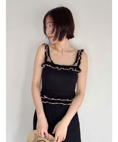 LAGUNAMOON(ラグナムーン)の「フリルバイカラーニットワンピース 【夏服】(ワンピース・レディース・ブラック/ベージュ/カーキ・MEDIUM/SMALL)」の6枚目の写真