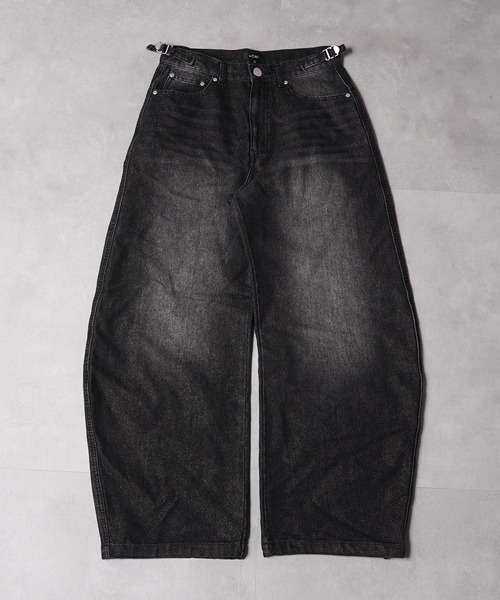 1111clothing(ワンフォークロージング)の「シャイニーデニム エンボス バレルバギーパンツ / Shiny Denim Embossed Barrel Baggy Pants(デニムパンツ・メンズ・ブラック/サックスブルー/ネイビー・XL/L/M)」の5枚目の写真