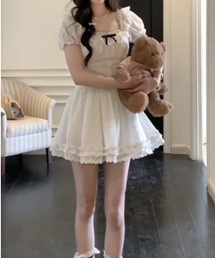 リボンレースパフスリーブミニワンピース
