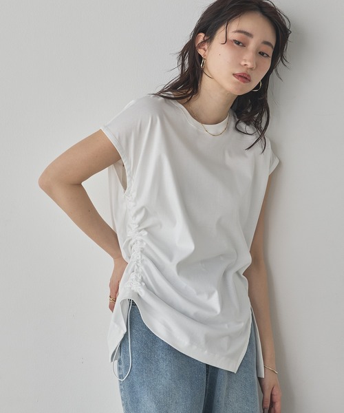 hunch(ハンチ)の「コンパクトスムース アシメデザイントップス(Tシャツ/カットソー・レディース・ブラック/グリーン/オフホワイト/ダークブラウン・FREE)」の5枚目の写真