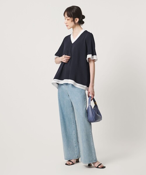 UNITED ARROWS(ユナイテッドアローズ)の「Vネック ニット ショートスリーブ チュニック(ニット/セーター・レディース・ネイビー/オフホワイト/ダークグレー・FREE)」の6枚目の写真