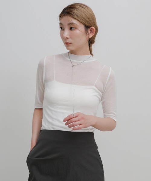 select MOCA(セレクトモカ)の「ボトルネックシアーTシャツ(Tシャツ/カットソー・レディース・ホワイト/ブラック・FREE)」の2枚目の写真