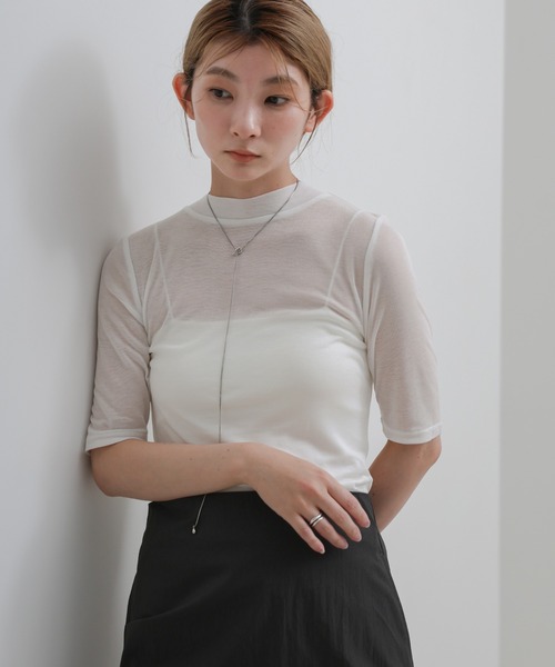 select MOCA(セレクトモカ)の「ボトルネックシアーTシャツ(Tシャツ/カットソー・レディース・ホワイト/ブラック・FREE)」の5枚目の写真