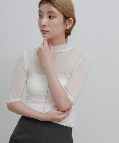 select MOCA(セレクトモカ)の「ボトルネックシアーTシャツ(Tシャツ/カットソー・レディース・ホワイト/ブラック・FREE)」の6枚目の写真