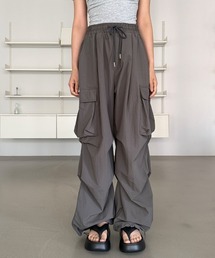 【UNISEX】裾ドロスト ナイロン バンディング カーゴ ワイド パンツ