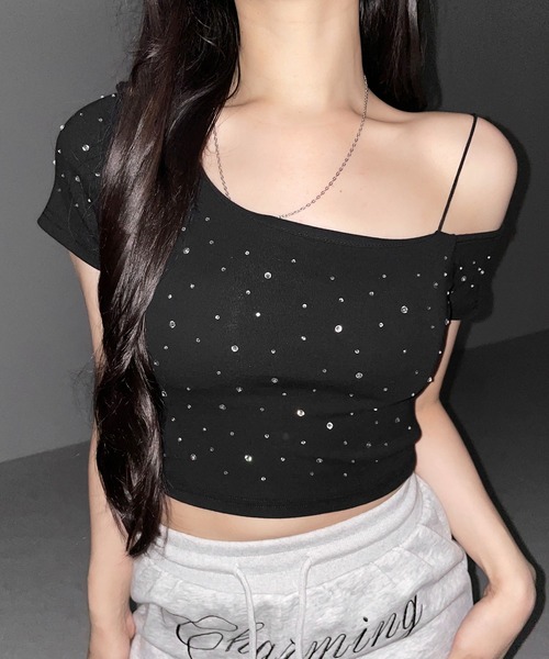 me+em select(ミームセレクト)の「【 3color 】ラインストーンワンショルダーショートTシャツ / Rhine stone one shoulder short T-shirts(Tシャツ/カットソー・レディース・グレー/ホワイト/ブラック・FREE)」の8枚目の写真