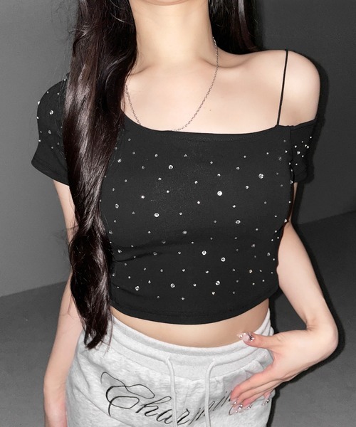 me+em select(ミームセレクト)の「【 3color 】ラインストーンワンショルダーショートTシャツ / Rhine stone one shoulder short T-shirts(Tシャツ/カットソー・レディース・グレー/ホワイト/ブラック・FREE)」の9枚目の写真