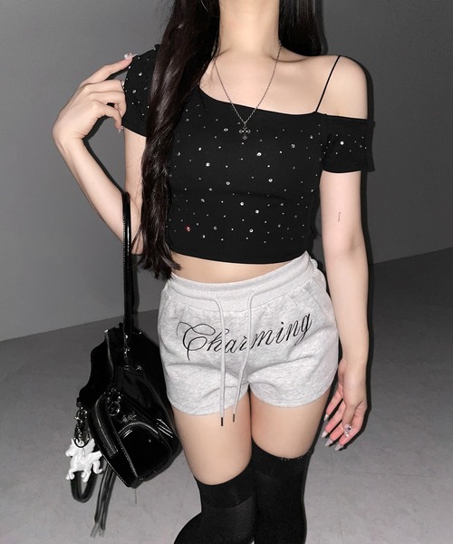 me+em select(ミームセレクト)の「【 3color 】ラインストーンワンショルダーショートTシャツ / Rhine stone one shoulder short T-shirts(Tシャツ/カットソー・レディース・グレー/ホワイト/ブラック・FREE)」の15枚目の写真