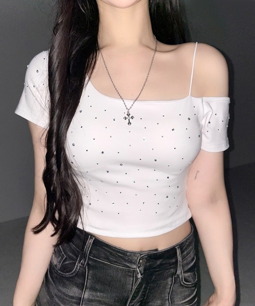 me+em select(ミームセレクト)の「【 3color 】ラインストーンワンショルダーショートTシャツ / Rhine stone one shoulder short T-shirts(Tシャツ/カットソー・レディース・グレー/ホワイト/ブラック・FREE)」の21枚目の写真