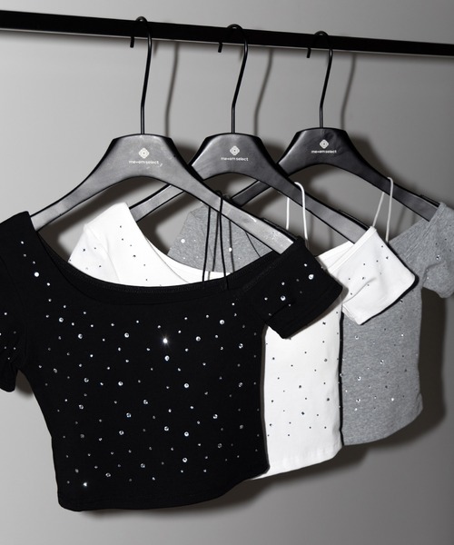 me+em select(ミームセレクト)の「【 3color 】ラインストーンワンショルダーショートTシャツ / Rhine stone one shoulder short T-shirts(Tシャツ/カットソー・レディース・グレー/ホワイト/ブラック・FREE)」の5枚目の写真