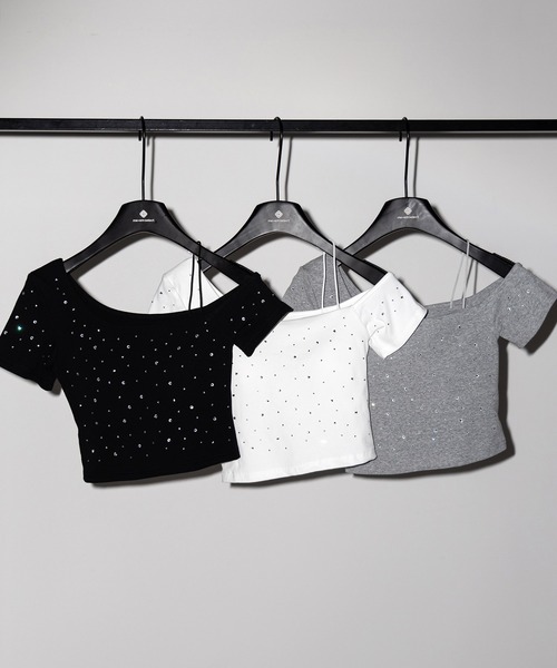 me+em select(ミームセレクト)の「【 3color 】ラインストーンワンショルダーショートTシャツ / Rhine stone one shoulder short T-shirts(Tシャツ/カットソー・レディース・グレー/ホワイト/ブラック・FREE)」の6枚目の写真