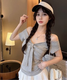 パッド付き フロントリボン 半袖Ｔシャツ スリムシルエット通勤カジュアル