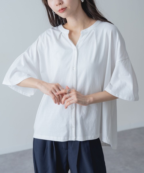 ANNA LUNA（アンナルナ）の「【ANNA LUNA】ふんわり袖 で涼しく華やぐ 袖フレア 5分袖 スキッパートップス（Tシャツ/カットソー・レディース・オフホワイト/ネイビー/ブラック・MEDIUM）」の19枚目の写真