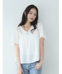 【shieセレクト】シアーシャーリングVネックブラウス