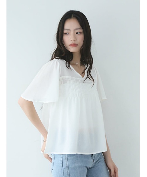fifth(フィフス)の「【shieセレクト】シアーシャーリングVネックブラウス(シャツ/ブラウス・レディース・ホワイト/ブラック・M)」の4枚目の写真