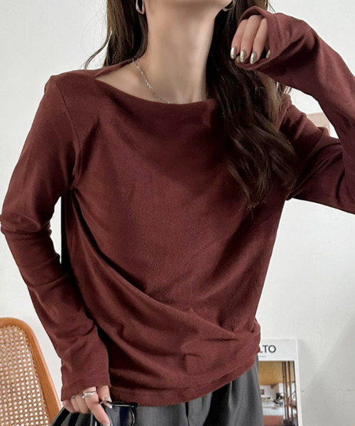 Eclat one(エクラワン)の「【Eclat one】マット ベロア ボートネック トップス(Tシャツ/カットソー・レディース・ブラウン/ブラック/バーガンディー/アイボリー・FREE)」の12枚目の写真
