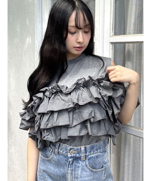 CALNAMUR(カルナムール)の「天竺ナイロンドッキングビスチェ(Tシャツ/カットソー・レディース・ブラック/グレー/ホワイト・FREE)」の3枚目の写真