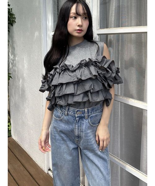 CALNAMUR(カルナムール)の「天竺ナイロンドッキングビスチェ(Tシャツ/カットソー・レディース・ブラック/グレー/ホワイト・FREE)」の7枚目の写真