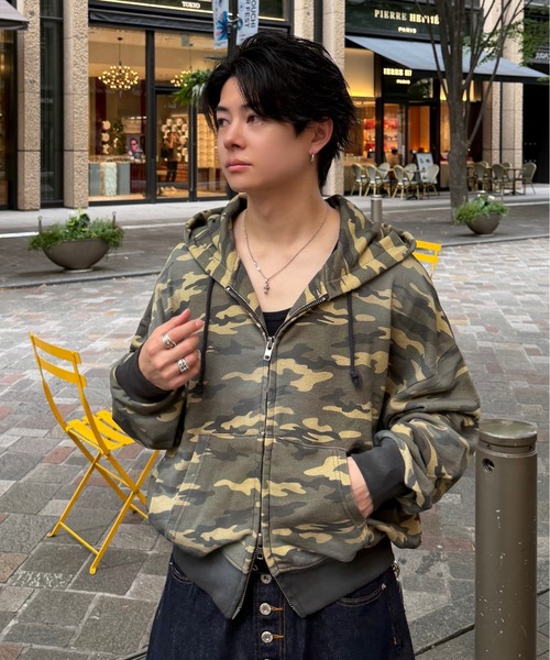 ADAMASTE(アダマスト)の「Double Zip-Up Short Hoodie Camo - 迷彩ダブルショートフーディー【短丈】(パーカー・メンズ・グレー系カモフラージュ/グリーン系カモフラージュ・SMALL/MEDIUM/LARGE)」の2枚目の写真