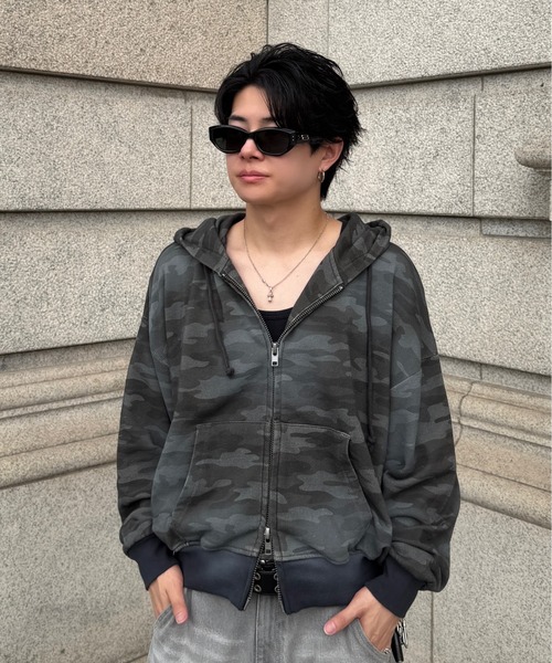 ADAMASTE(アダマスト)の「Double Zip-Up Short Hoodie Camo - 迷彩ダブルショートフーディー【短丈】(パーカー・メンズ・グレー系カモフラージュ/グリーン系カモフラージュ・SMALL/MEDIUM/LARGE)」の8枚目の写真