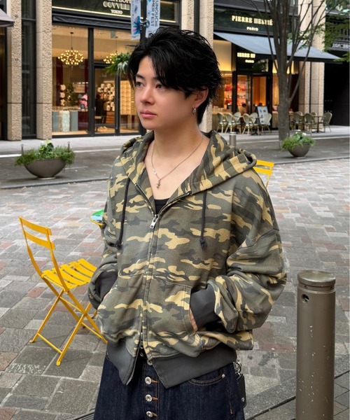 ADAMASTE(アダマスト)の「Double Zip-Up Short Hoodie Camo - 迷彩ダブルショートフーディー【短丈】(パーカー・メンズ・グレー系カモフラージュ/グリーン系カモフラージュ・SMALL/MEDIUM/LARGE)」の4枚目の写真
