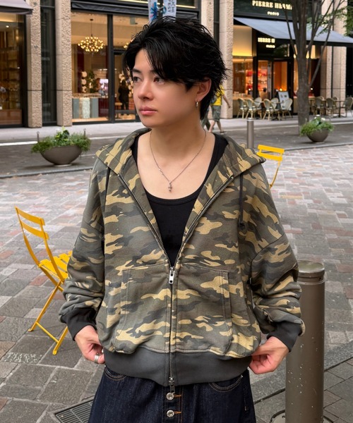 ADAMASTE(アダマスト)の「Double Zip-Up Short Hoodie Camo - 迷彩ダブルショートフーディー【短丈】(パーカー・メンズ・グレー系カモフラージュ/グリーン系カモフラージュ・SMALL/MEDIUM/LARGE)」の6枚目の写真