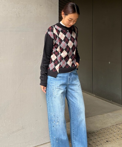 LE CIEL BLEU(ルシェルブルー)の「アーガイルニットプルオーバー / Argyle Knit Pullover(ニット/セーター・レディース・ブラック/ベージュ・36)」の1枚目の写真