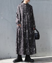 花柄 Aライン シャツワンピース