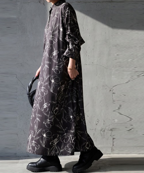 antiqua（アンティカ）の「花柄  Aライン シャツワンピース（シャツワンピース・レディース・ブラック・ONESIZE）」の3枚目の写真