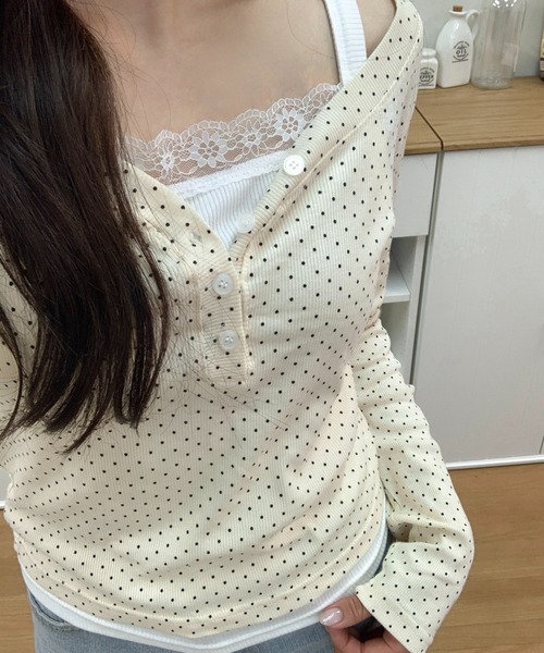 mineng（マイング）の「【ドット柄/レイヤード】ドットボタンTシャツ（Tシャツ/カットソー・レディース・グレー/クリーム/アイボリー・FREE）」の18枚目の写真