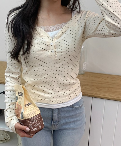 mineng（マイング）の「【ドット柄/レイヤード】ドットボタンTシャツ（Tシャツ/カットソー・レディース・グレー/クリーム/アイボリー・FREE）」の17枚目の写真