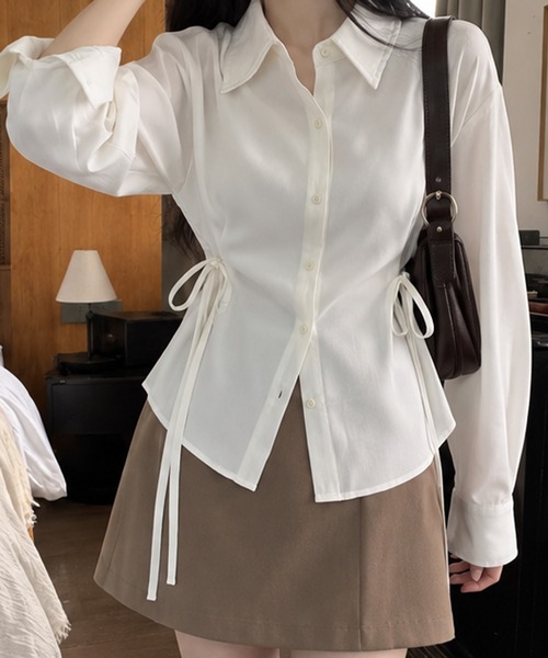 Chiina(チーナ)の「【Chiina】ウエストリボンペプラムシャツ(シャツ/ブラウス・レディース・ブラック/ホワイト/ブルー/ピンク/ブラウン・FREE)」の6枚目の写真