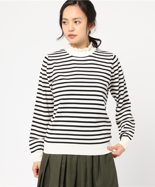 earth music&ecology（アースミュージックアンドエコロジー）の「タートル衿フリルボーダーニットプルオーバー（ニット/セーター・レディース・ダークグリーン/キャメル/ブラック/アイボリー・S/M）」の13枚目の写真