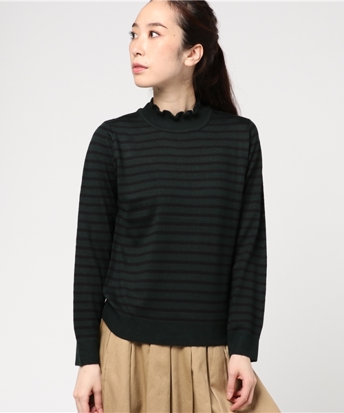 earth music&ecology（アースミュージックアンドエコロジー）の「タートル衿フリルボーダーニットプルオーバー（ニット/セーター・レディース・ダークグリーン/キャメル/ブラック/アイボリー・S/M）」の3枚目の写真