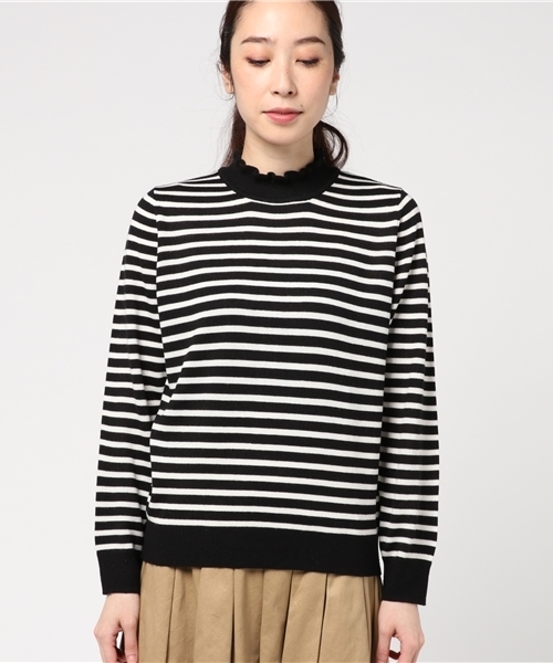 earth music&ecology（アースミュージックアンドエコロジー）の「タートル衿フリルボーダーニットプルオーバー（ニット/セーター・レディース・ダークグリーン/キャメル/ブラック/アイボリー・S/M）」の5枚目の写真