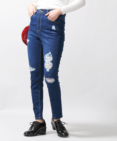 WEGO(ウィゴー)の「WEGO/スーパーフィットハイライズクラッシュスキニーパンツ(デニムパンツ・レディース・インディゴブルー/ダークインディゴブルー・SMALL/MEDIUM/LARGE)」の2枚目の写真