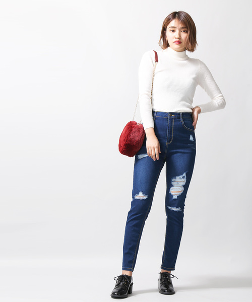 WEGO(ウィゴー)の「WEGO/スーパーフィットハイライズクラッシュスキニーパンツ(デニムパンツ・レディース・インディゴブルー/ダークインディゴブルー・SMALL/MEDIUM/LARGE)」の5枚目の写真