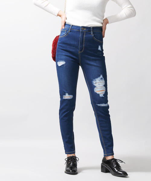 WEGO(ウィゴー)の「WEGO/スーパーフィットハイライズクラッシュスキニーパンツ(デニムパンツ・レディース・インディゴブルー/ダークインディゴブルー・SMALL/MEDIUM/LARGE)」の6枚目の写真