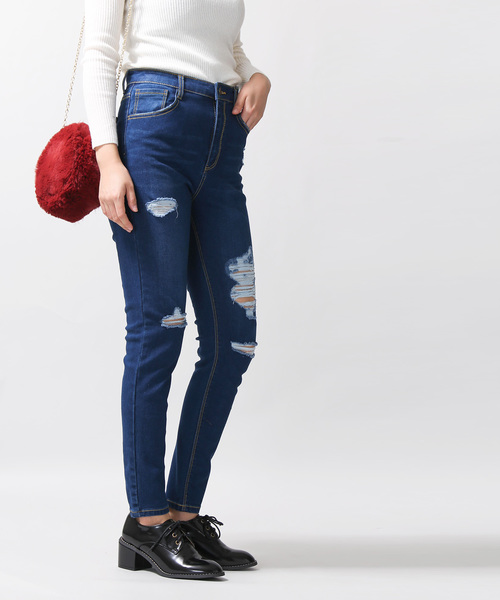 WEGO(ウィゴー)の「WEGO/スーパーフィットハイライズクラッシュスキニーパンツ(デニムパンツ・レディース・インディゴブルー/ダークインディゴブルー・SMALL/MEDIUM/LARGE)」の7枚目の写真