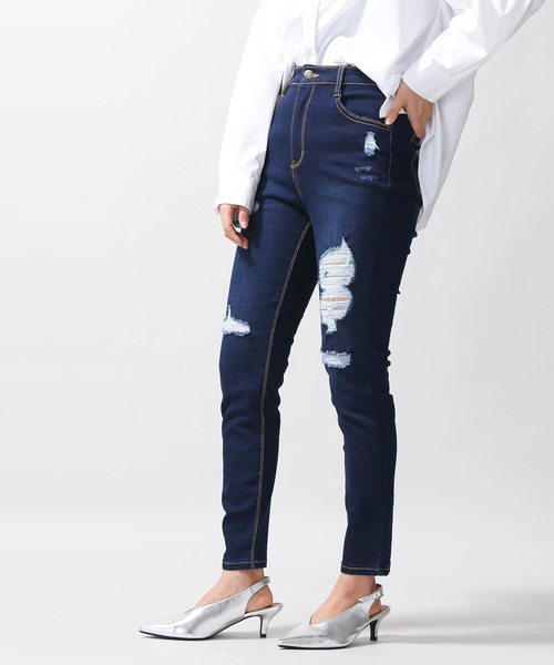 WEGO(ウィゴー)の「WEGO/スーパーフィットハイライズクラッシュスキニーパンツ(デニムパンツ・レディース・インディゴブルー/ダークインディゴブルー・SMALL/MEDIUM/LARGE)」の8枚目の写真