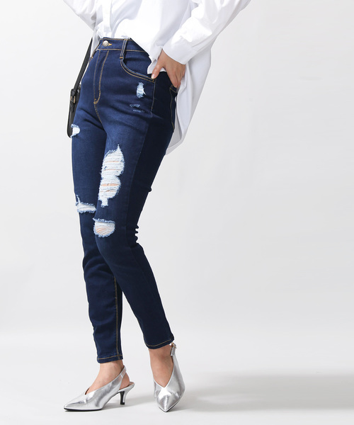 WEGO(ウィゴー)の「WEGO/スーパーフィットハイライズクラッシュスキニーパンツ(デニムパンツ・レディース・インディゴブルー/ダークインディゴブルー・SMALL/MEDIUM/LARGE)」の9枚目の写真