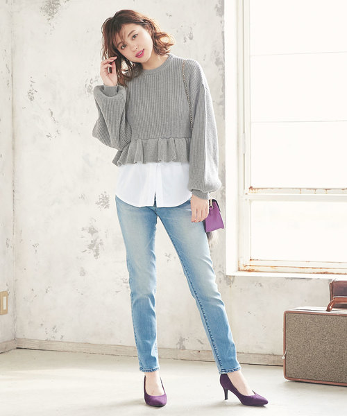 KOBE LETTUCE(コウベレタス)の「シャツレイヤード風ボリューム袖フリルニットトップス(ニット/セーター・レディース・ブラック/グレー/アイボリー・FREE)」の10枚目の写真