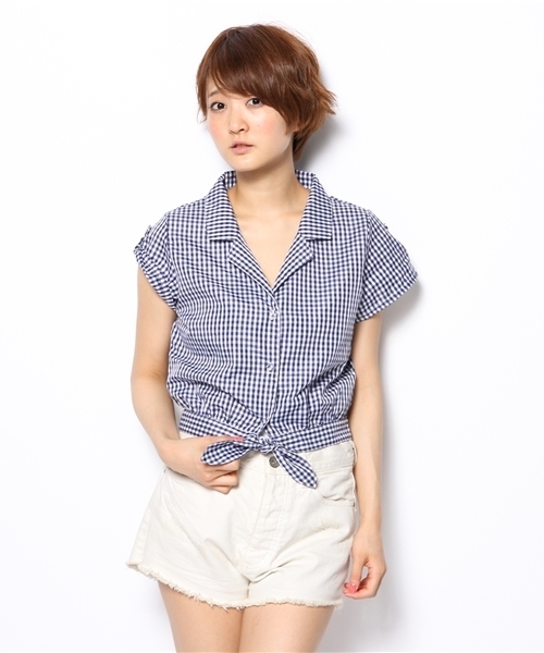 WEGO（ウィゴー）の「WEGO/ギンガムチェック前結び半袖シャツ（シャツ/ブラウス・レディース・ブラック/ブルー/レッド/ブルー系その他・MEDIUM/FREE）」の3枚目の写真
