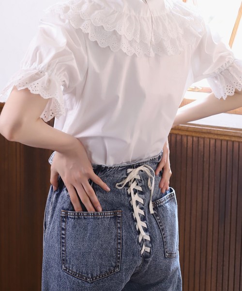 one after another NICE CLAUP（ワンアフターアナザーナイスクラップ）の「バックレースアップデニムパンツ（デニムパンツ・レディース・ブラック/ネイビー/ブルー・SMALL/MEDIUM）」の5枚目の写真