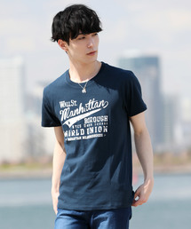 アメカジ擦れロゴプリント半袖クルーネックTシャツ
